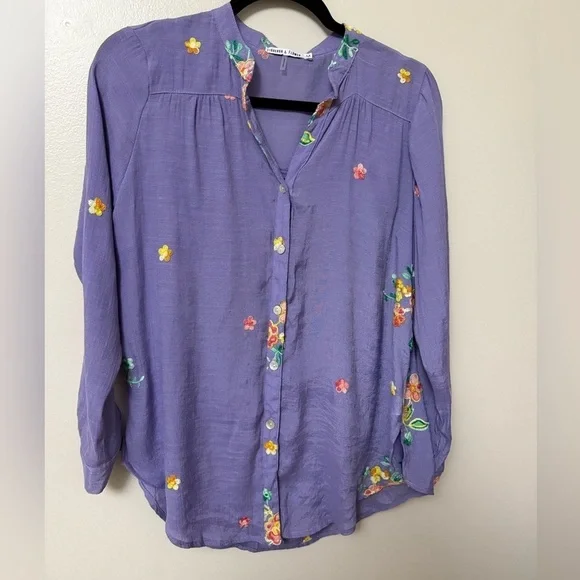 Lavender gauzy embroidered Floral Button-Up Blouse with underneath tank - Picture 7 of 11